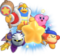 Кирби вместе с Королём Дидиди, Мета Рыцарем и Уоддл Ди в бандане в игре Kirby's Return to Dream Land Deluxe
